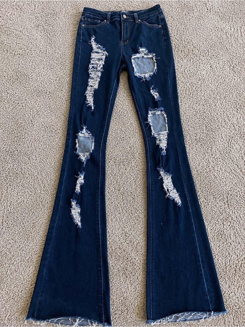 High-Rise Distressed Dark Blue Flare Jeans